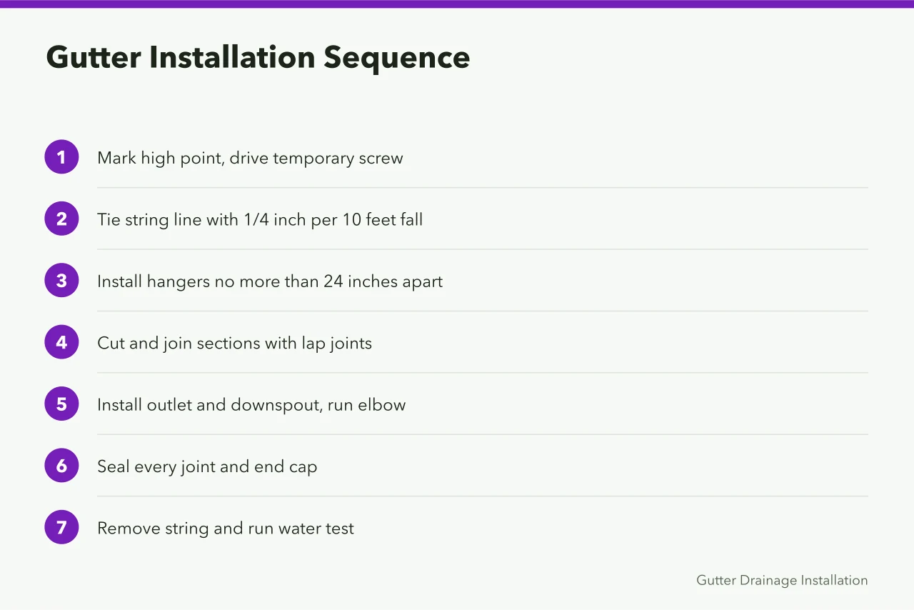 Seven-step diagram of the gutter installation sequence from marking to water test (How to Install a Gutter Drainage System That Handles Heavy Rain)