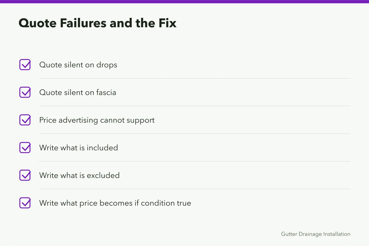 Checklist of three quote failures and the three-part fix for each (How to price gutter service jobs so the margin survives)