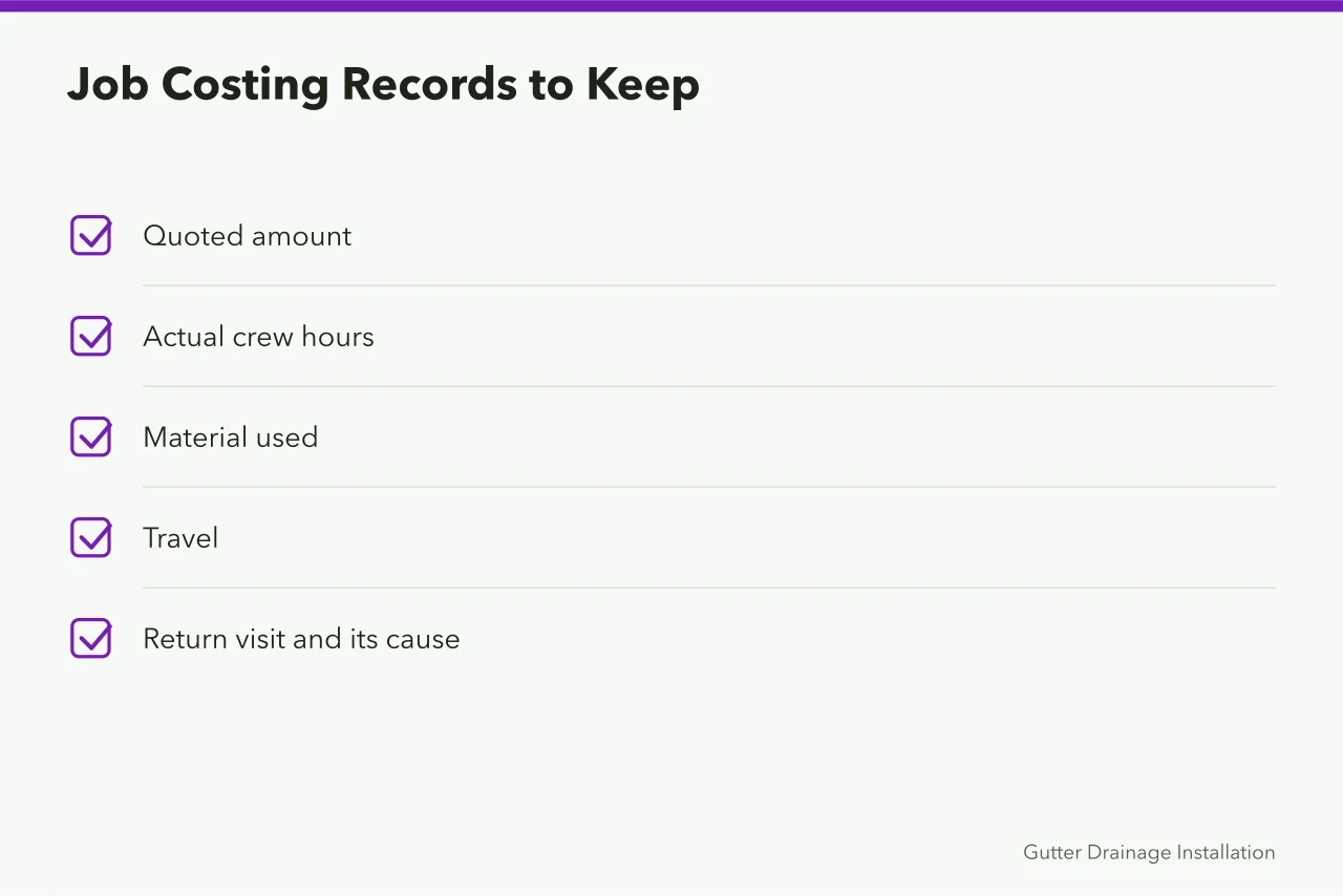 Checklist of five job costing records to compare monthly (How to price gutter service jobs so the margin survives)