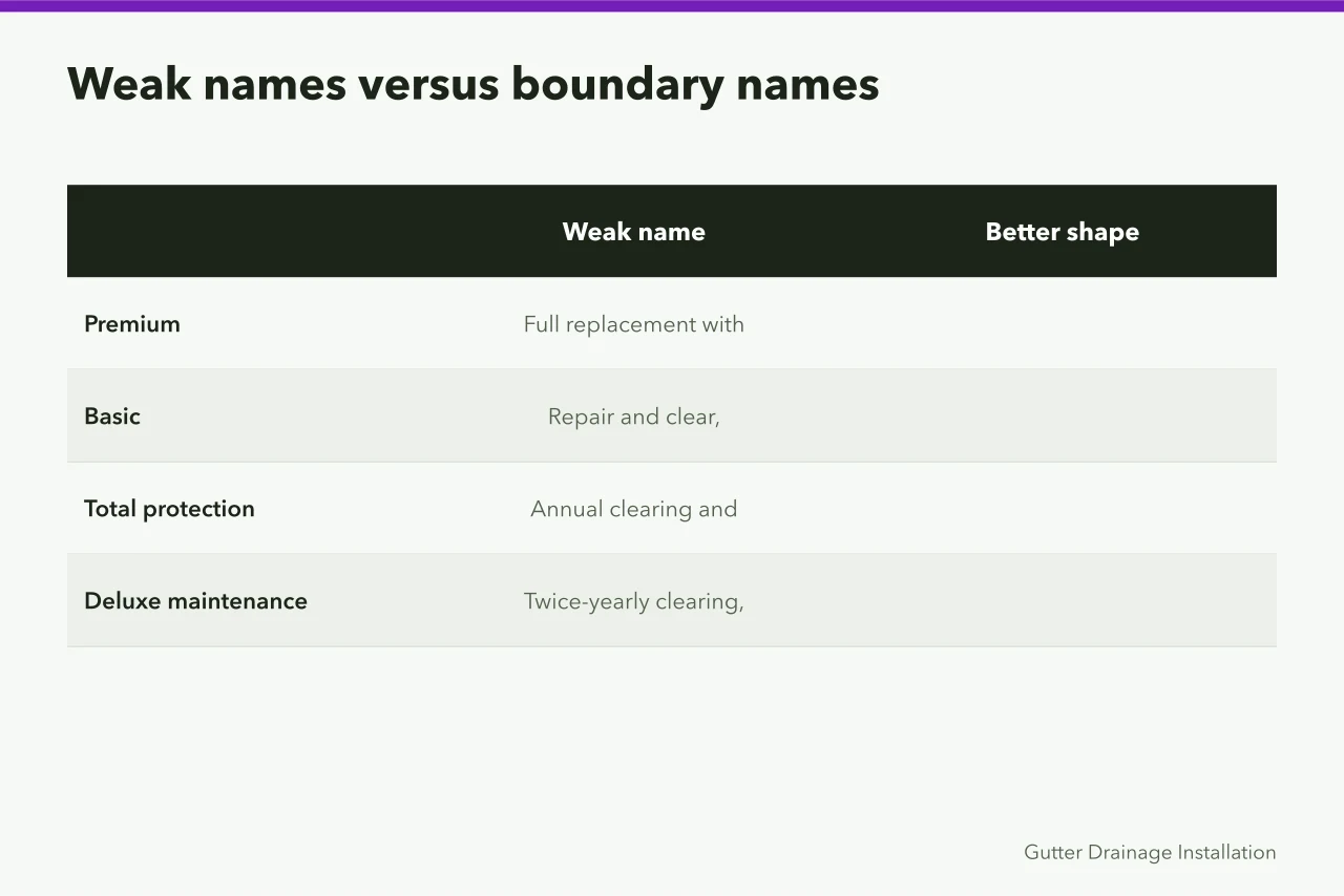 Table comparing vague package names with boundary-describing package names (Gutter service packages: building options customers actually pick)