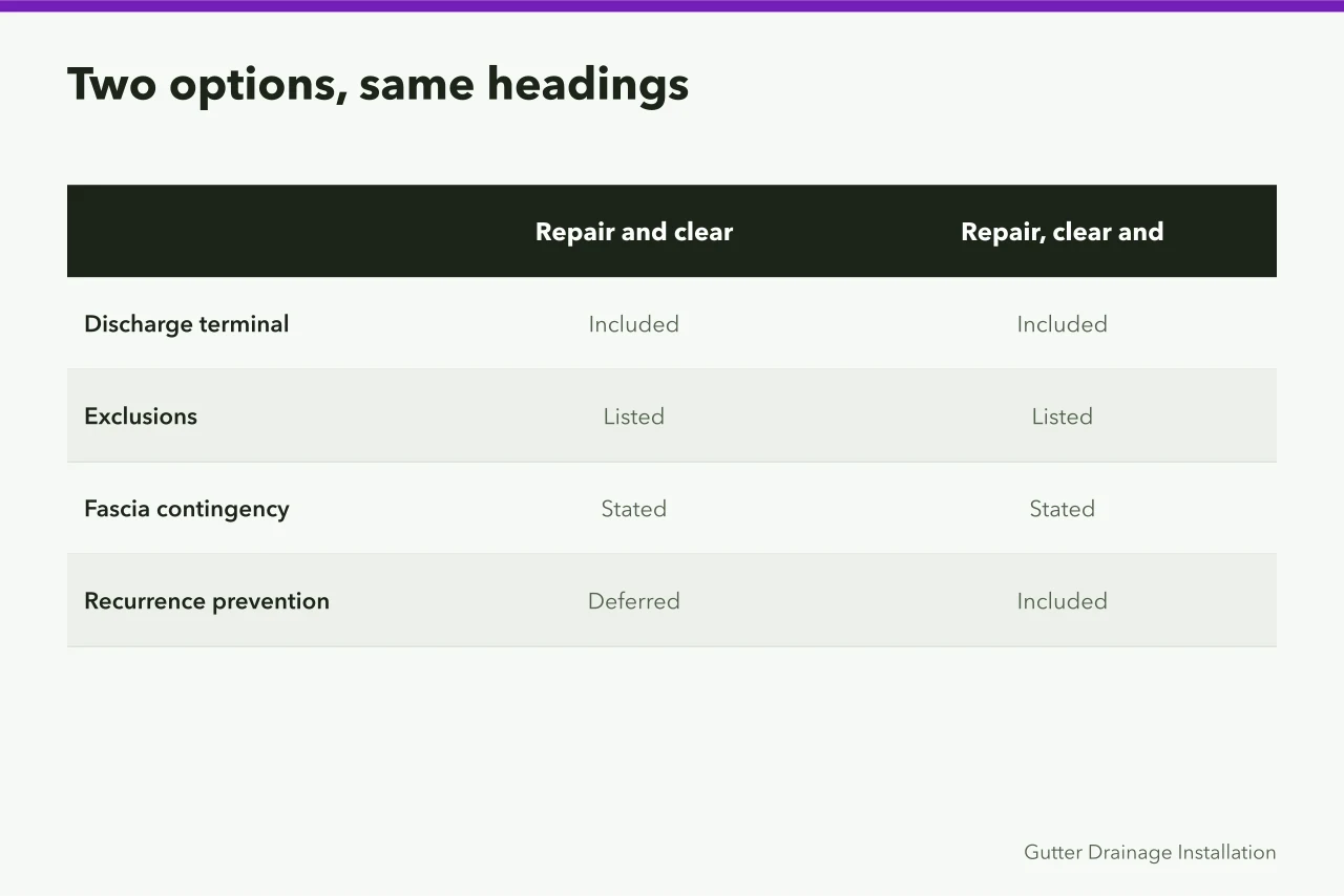 Side-by-side comparison of two gutter service options with identical headings (Gutter service packages: building options customers actually pick)