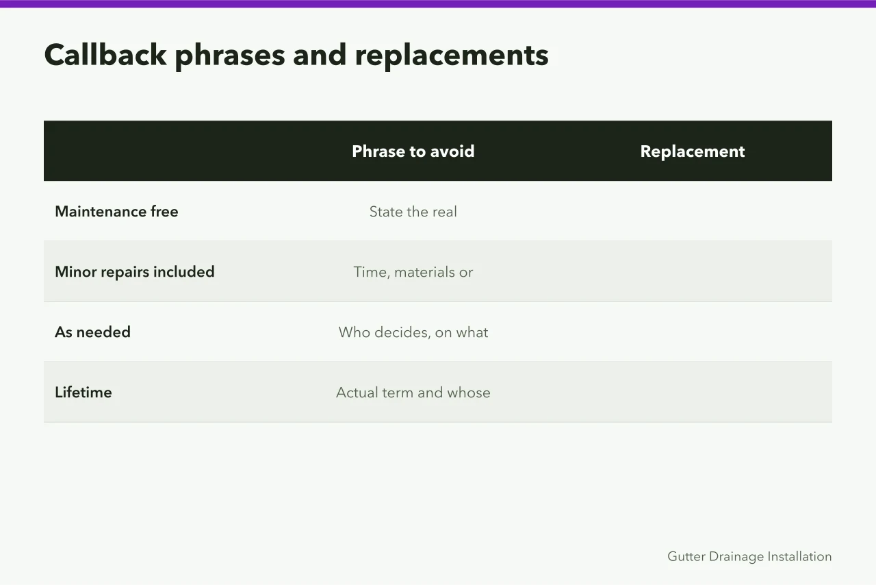 Table of four callback-causing phrases with honest replacements (Gutter service packages: building options customers actually pick)