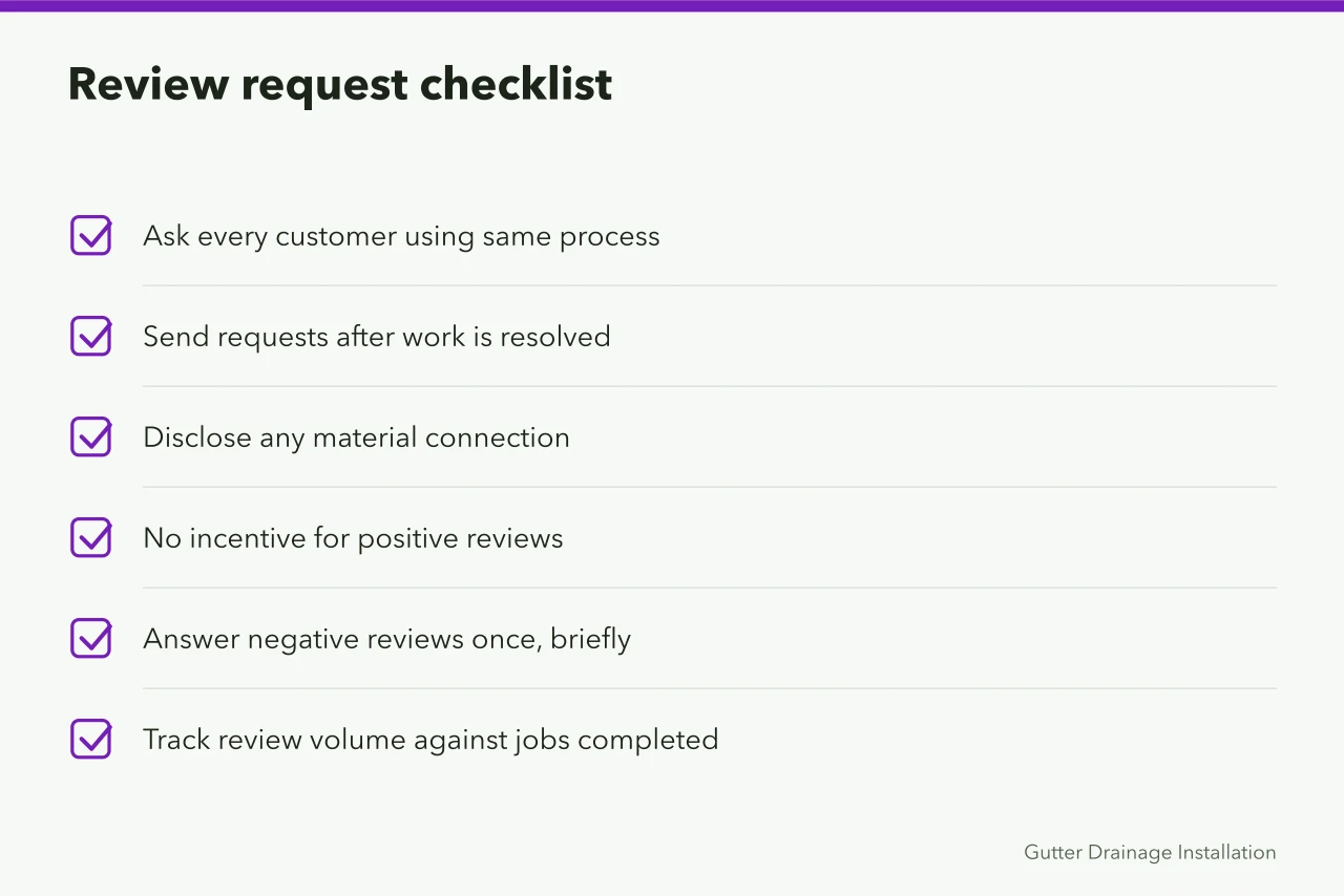 Review checklist covering asking every customer, timing, disclosure and tracking (Getting a gutter found locally: SEO checklist)