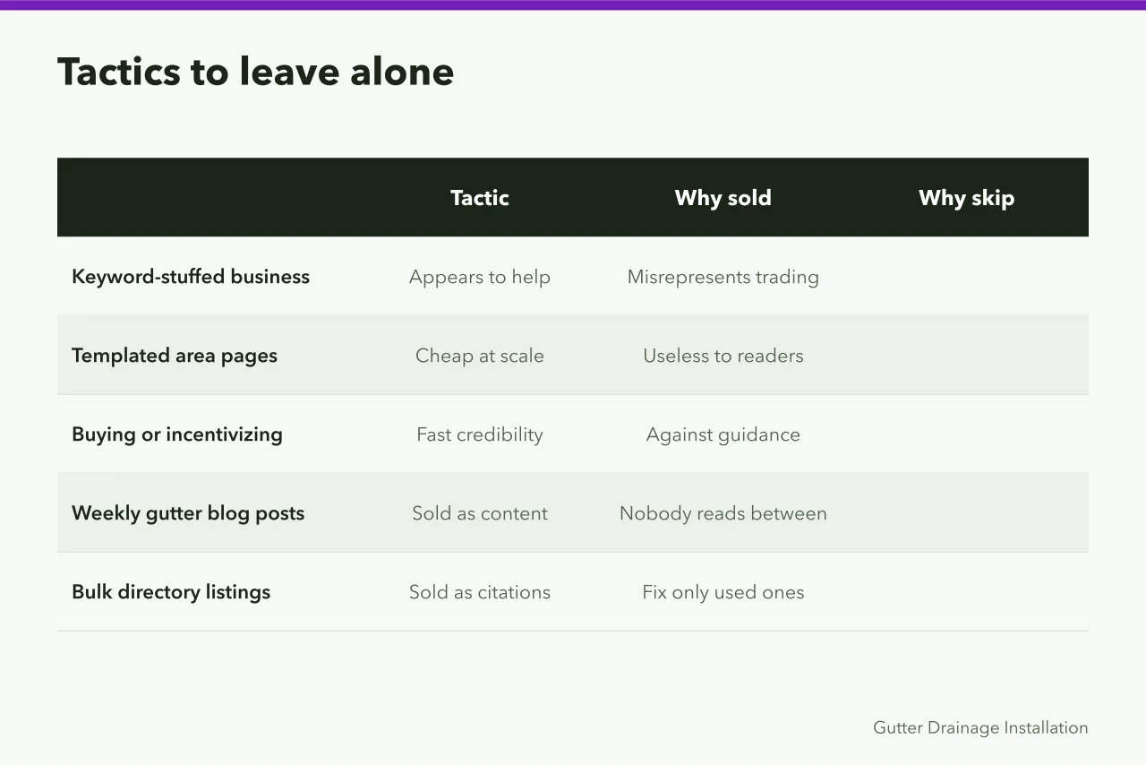 Comparison table of tactics to skip and why they are sold (Getting a gutter found locally: SEO checklist)